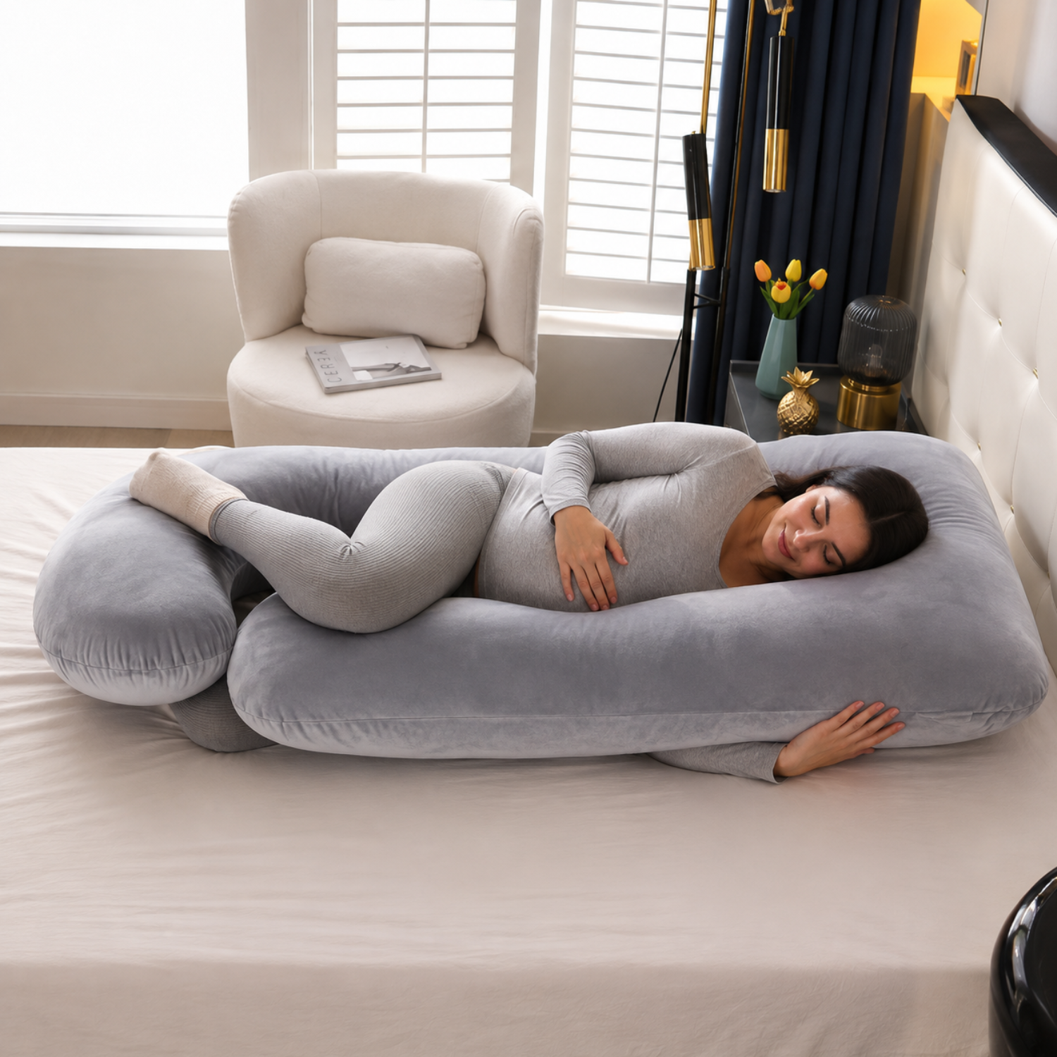 Demeter - Detachable Maternity Pillow – G-Shaped Crystal Velvet Lumbar Support Cushion