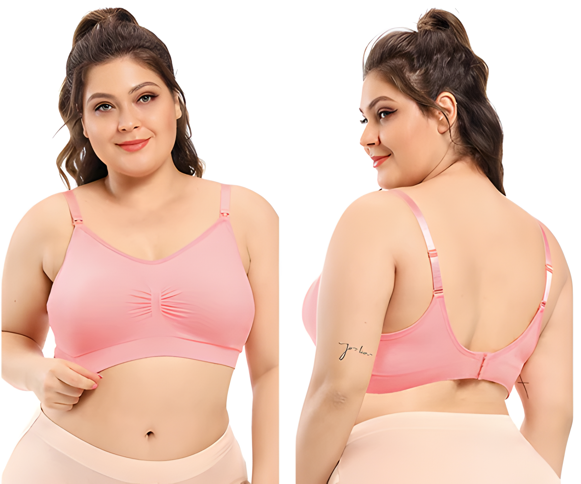 A mom wearing a pink plus size maternity nursing bra