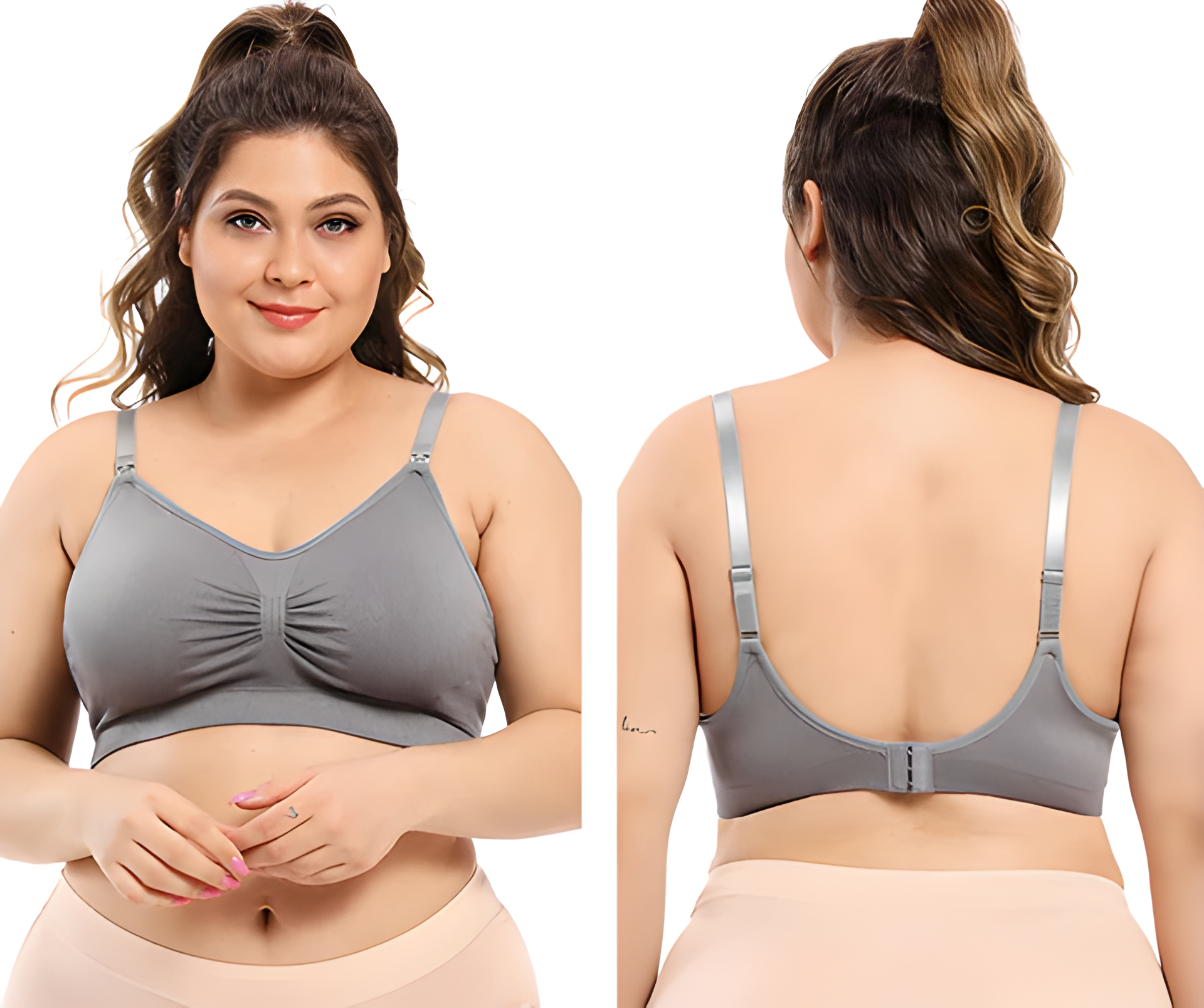 A mom wearing a gray plus size maternity nursing bra