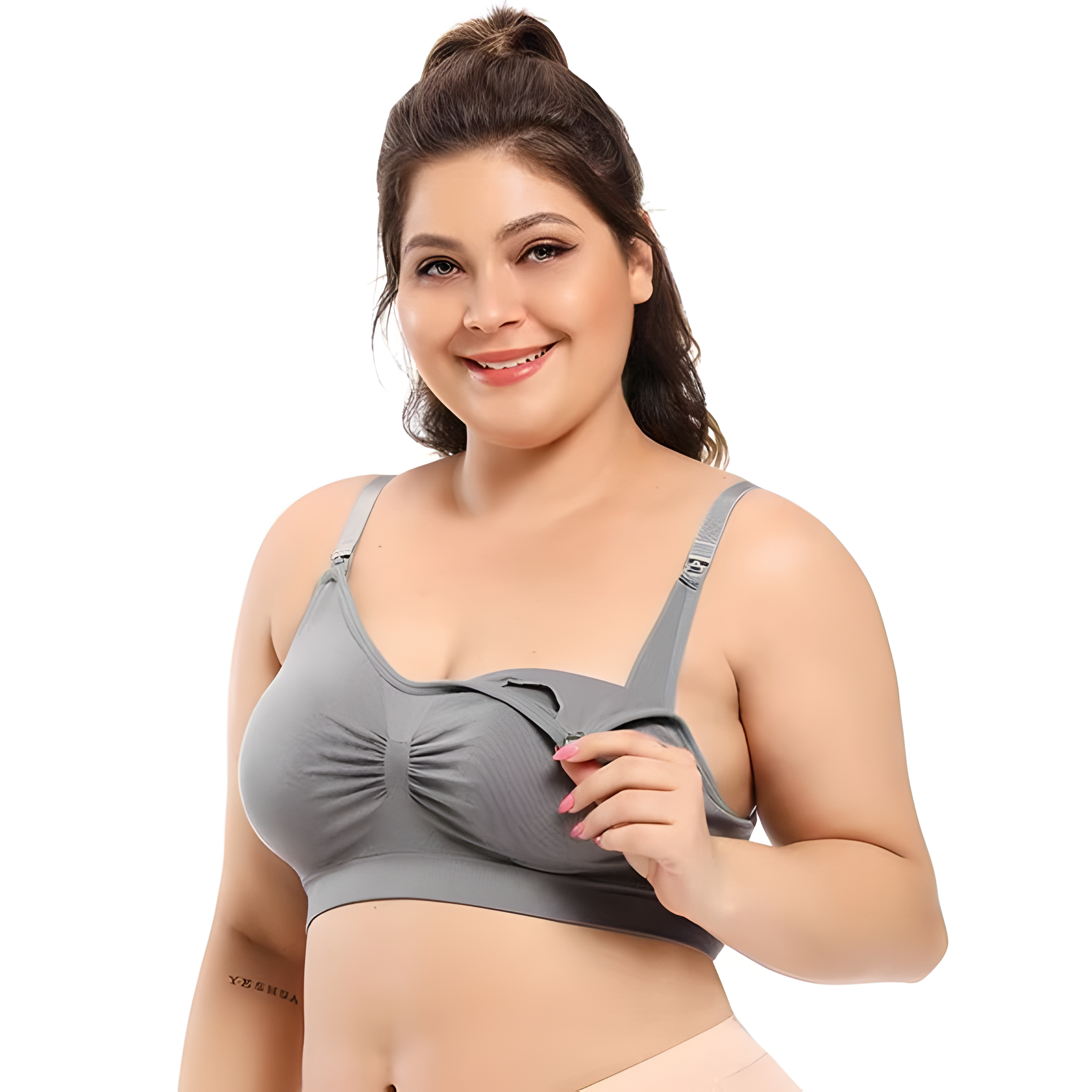 A mom wearing a grey nursing bra