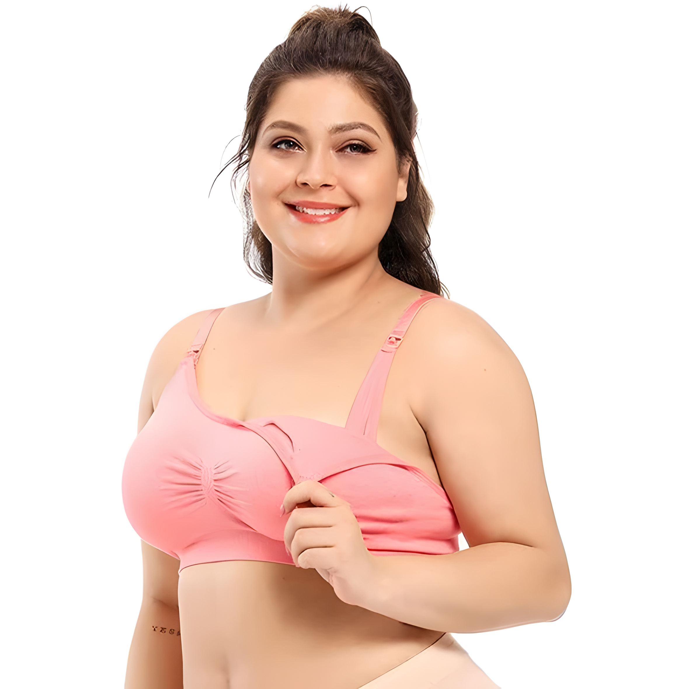 A mom wearing a pink nursing bra